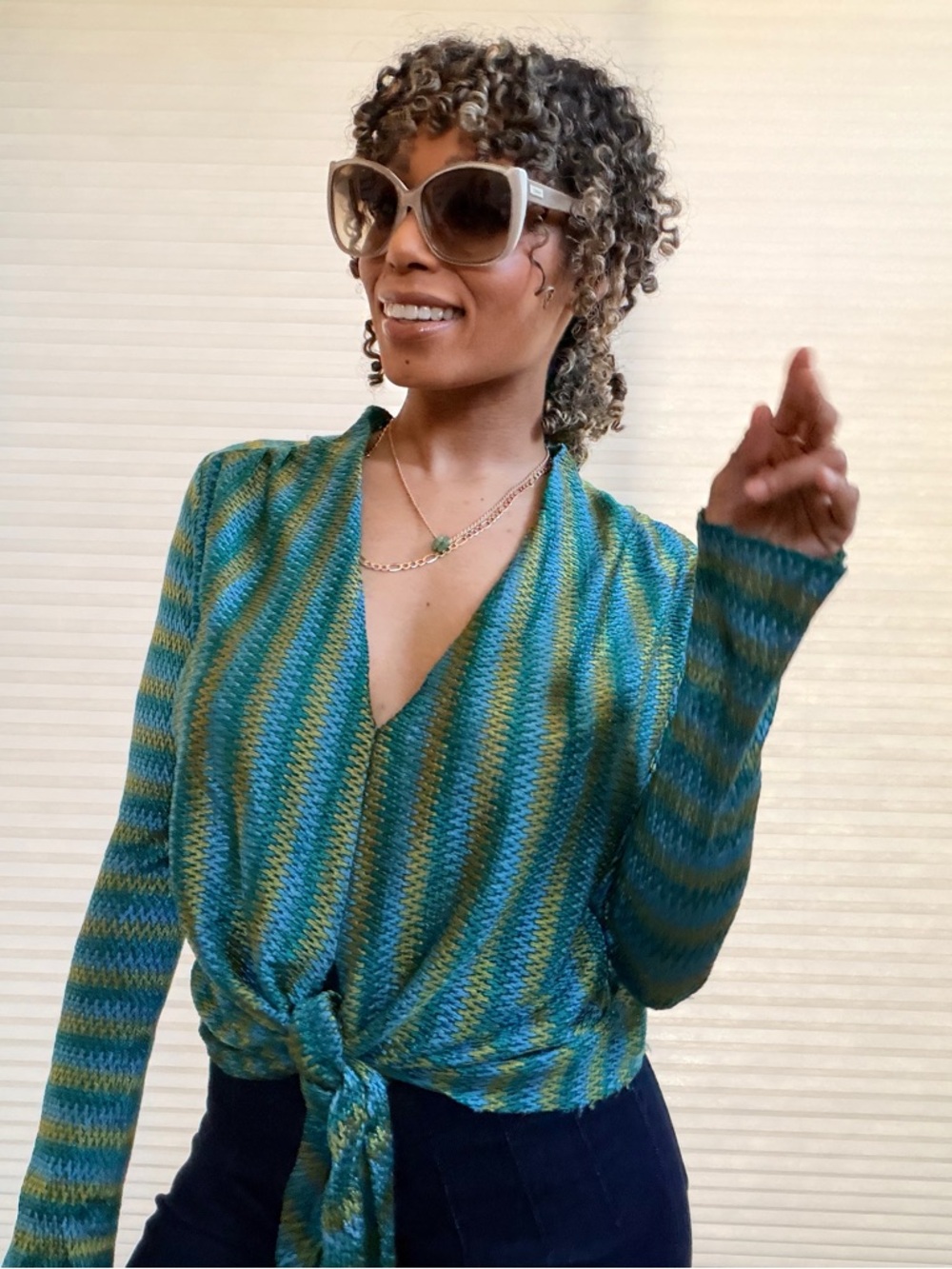 Vintage Rubber Ducky Productions Tie-Front Metallic Knit Top